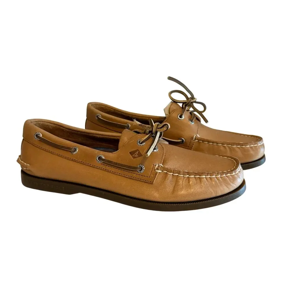 Sperry Top-Sider Boat Shoes Men 9.5 Tan Sahara Leather Authentic Original Preppy
